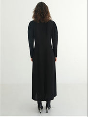 Linen Midi Shirt Dress With Contrast Collar, Puff Sleeves, And Button Front Detail