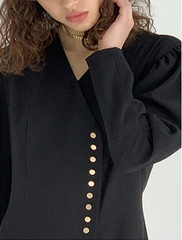 Linen Midi Shirt Dress With Contrast Collar, Puff Sleeves, And Button Front Detail