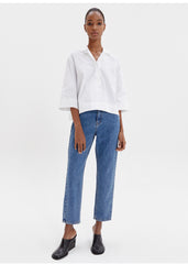 Boxy Linen Blouse With Open V-Collar And Three-Quarter Sleeves For Effortless Everyday Wear