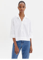 Boxy Linen Blouse With Open V-Collar And Three-Quarter Sleeves For Effortless Everyday Wear