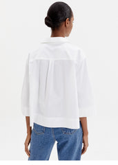 Boxy Linen Blouse With Open V-Collar And Three-Quarter Sleeves For Effortless Everyday Wear