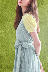 Gingham Check Linen Midi Dress with Ruffled Hem and Twisted Back Strap Detail for Women