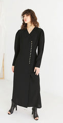 Linen Midi Shirt Dress With Contrast Collar, Puff Sleeves, And Button Front Detail
