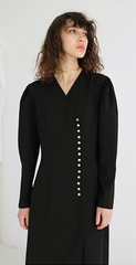 Linen Midi Shirt Dress With Contrast Collar, Puff Sleeves, And Button Front Detail