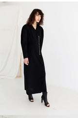 Linen Midi Shirt Dress With Contrast Collar, Puff Sleeves, And Button Front Detail