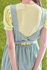 Gingham Check Linen Midi Dress with Ruffled Hem and Twisted Back Strap Detail for Women