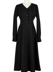 Elegant Linen Midi Dress with Button-Front Closure and Long Sleeves for Women