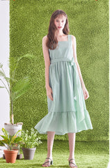 Gingham Check Linen Midi Dress with Ruffled Hem and Twisted Back Strap Detail for Women