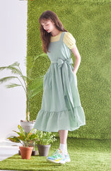 Gingham Check Linen Midi Dress with Ruffled Hem and Twisted Back Strap Detail for Women