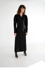 Linen Midi Shirt Dress With Contrast Collar, Puff Sleeves, And Button Front Detail