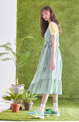 Gingham Check Linen Midi Dress with Ruffled Hem and Twisted Back Strap Detail for Women