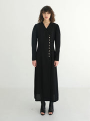 Linen Midi Shirt Dress With Contrast Collar, Puff Sleeves, And Button Front Detail