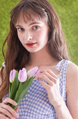 Gingham Linen Midi Dress with Tie Shoulder Straps and Flared Hem for Effortless Summer Style