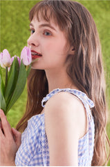 Gingham Linen Midi Dress with Tie Shoulder Straps and Flared Hem for Effortless Summer Style