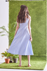 Gingham Linen Midi Dress with Tie Shoulder Straps and Flared Hem for Effortless Summer Style