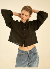 Button-Down Linen Shirt with Puff Sleeves and Tailored Collar for Modern Everyday Styling