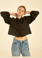 Button-Down Linen Shirt with Puff Sleeves and Tailored Collar for Modern Everyday Styling