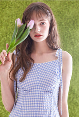 Gingham Linen Midi Dress with Tie Shoulder Straps and Flared Hem for Effortless Summer Style