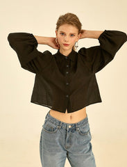 Button-Down Linen Shirt with Puff Sleeves and Tailored Collar for Modern Everyday Styling