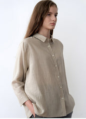 Relaxed-Fit Button-Up Linen Shirt With Dropped Shoulders And Three-Quarter Sleeves