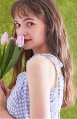 Gingham Linen Midi Dress with Tie Shoulder Straps and Flared Hem for Effortless Summer Style
