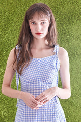 Gingham Linen Midi Dress with Tie Shoulder Straps and Flared Hem for Effortless Summer Style