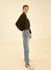 Button-Down Linen Shirt with Puff Sleeves and Tailored Collar for Modern Everyday Styling