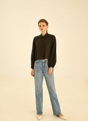 Button-Down Linen Shirt with Puff Sleeves and Tailored Collar for Modern Everyday Styling
