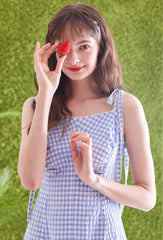 Gingham Linen Midi Dress with Tie Shoulder Straps and Flared Hem for Effortless Summer Style