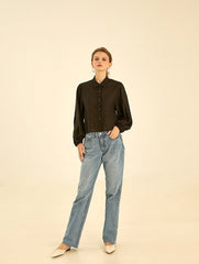 Button-Down Linen Shirt with Puff Sleeves and Tailored Collar for Modern Everyday Styling