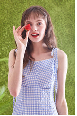 Gingham Linen Midi Dress with Tie Shoulder Straps and Flared Hem for Effortless Summer Style