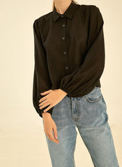 Button-Down Linen Shirt with Puff Sleeves and Tailored Collar for Modern Everyday Styling