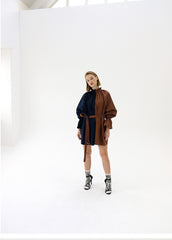 Linen Midi Dress With Contrast Trim And Puff Sleeves