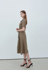 Button-Front Linen Midi Shirt Dress with Tie Waist and Lapel Collar for Refined Styling