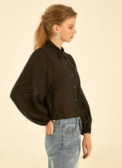 Button-Down Linen Shirt with Puff Sleeves and Tailored Collar for Modern Everyday Styling