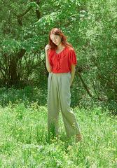 Linen Blouse With Soft Pleats And Relaxed Tie-Neck Detail