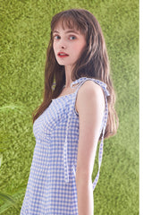 Gingham Linen Midi Dress with Tie Shoulder Straps and Flared Hem for Effortless Summer Style