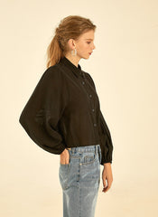 Button-Down Linen Shirt with Puff Sleeves and Tailored Collar for Modern Everyday Styling