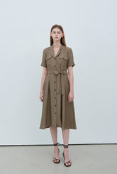Button-Front Linen Midi Shirt Dress with Tie Waist and Lapel Collar for Refined Styling