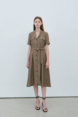 Button-Front Linen Midi Shirt Dress with Tie Waist and Lapel Collar for Refined Styling
