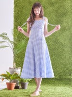 Gingham Linen Midi Dress with Tie Shoulder Straps and Flared Hem for Effortless Summer Style