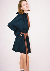 Linen Midi Dress With Contrast Trim And Puff Sleeves