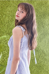 Gingham Linen Midi Dress with Tie Shoulder Straps and Flared Hem for Effortless Summer Style