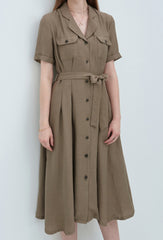 Button-Front Linen Midi Shirt Dress with Tie Waist and Lapel Collar for Refined Styling
