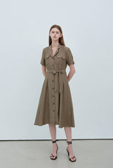 Button-Front Linen Midi Shirt Dress with Tie Waist and Lapel Collar for Refined Styling