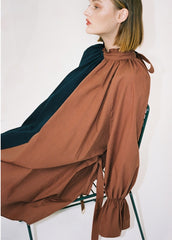 Linen Midi Dress With Contrast Trim And Puff Sleeves