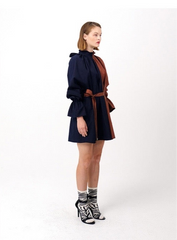 Linen Midi Dress With Contrast Trim And Puff Sleeves