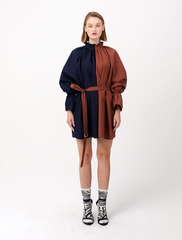 Linen Midi Dress With Contrast Trim And Puff Sleeves