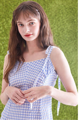 Gingham Linen Midi Dress with Tie Shoulder Straps and Flared Hem for Effortless Summer Style