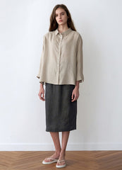 Relaxed-Fit Button-Up Linen Shirt With Dropped Shoulders And Three-Quarter Sleeves